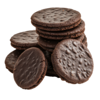 Chocolate cookies arranged neatly on a white background showcasing their texture and crispiness, dark chocolate soft cookies isolated on white background png