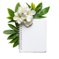 Flower and notebook arrangement isolated on a white background for creative inspiration, Flower with notebook on aisolated on white background png