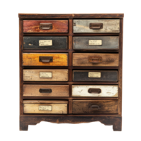 Chest drawers with multiple labeled compartments showcasing rustic design and varied wood tones, chest drawers with several drawers and labels on them png