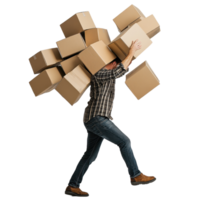 Man laboring to carry multiple cardboard boxes while navigating against a Transparent background in a studio setting, Man Carrying Pile Falling Boxes, background png