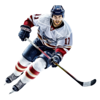 Ice hockey player in action with stick on isolated white background showcasing dynamic skating skills, Ice Hockey Player with Stick, Isolated, white background png