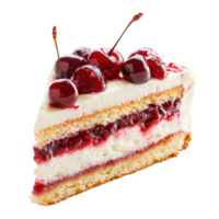 Delicious slice of cherry cake with fresh cherries on top isolated on a Transparent background, piece of cherry cake isolated on background png