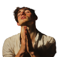 Young man in quiet reflection while praying in a dimly lit space during evening hours, Portrait a Young Man Praying png