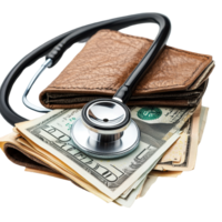 Stethoscope placed atop a wallet filled with banknotes on a Transparent background, Stethoscope with Banknotes in a Wallet, background png