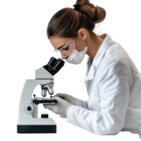 Young female scientist examining a specimen with a microscope in a research lab, Young Female Scientist Working with Microscope on Transparent background png