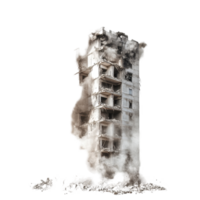 Building demolition with large explosion clouding the sky in a city setting, building being demolished with a large explosion dust png