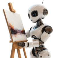 Robot artist creating a colorful painting on an easel in a minimalist studio setting, Robot Holding Painting on Easel. Transparent background png