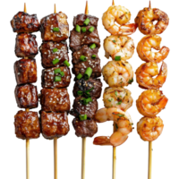 Savory skewers of teriyaki chicken, beef satay, and garlic shrimp on a white plate, Skewers with Teriyaki Chicken, Beef Satay, and Garlic Lemon Shrimp on Transparent background png