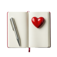 Opened notebook with a silver pen and a red heart placed on the right page for creative writing, Empty notebook opened with silver pen and red heart white background png