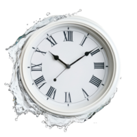 Time slips away with a sinking clock concept featuring water splash around the face, close to twelve time limit concept sinking clock isolated on White background png