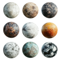 Textured rocky planets showcasing diverse celestial bodies in various states and surfaces, Rocky Planets, Textured Celestial Bodies, Space Objects, isolated on Transparent background png