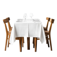 Elegant dining setup with white tablecloth and wooden chairs in a cozy restaurant setting, table with a white tablecloth and chairs in a restaurant, Transparent background png
