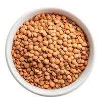 Lentils in a white bowl ready for cooking on a clean Transparent background, Uncooked lentils in white bowl isolated on background png