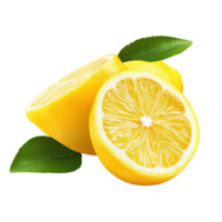 Fresh lemon fruit halves and slices displayed on a clean Transparent background with green leaves, Lemon fruit, half and slice lemon isolated on background png