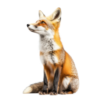Fox sitting gracefully against a white background showcasing its vibrant fur and curious expression, Fox isolated white background png