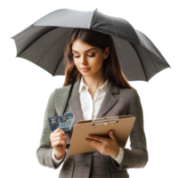 Businesswoman holds clipboard and calculator under an umbrella in a professional setting during a rainy day, Businesswoman Using Umbrella and Holding Clipboard and Calculator isolated png