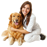 Veterinarian smiling with a golden retriever on a Transparent background in a caring moment, Veterinarian with Dog on background png