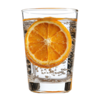 Refreshing glass of sparkling water with a slice of orange against a clean white background, Glass water with orange fruitisolated on white background png