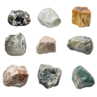Collection of various rocks arranged in a grid on a Transparent background showcasing natural textures and colors, Multiple rocks on background png