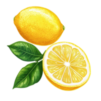 Fresh lemon fruit half with leaves and a slice displayed against a neutral background, ripe lemon fruit half and slices isolated, Fresh and Juicy Lemon White background png