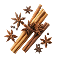 Cinnamon sticks and star anise spice arranged artistically on a white background, Star Anise And Cinnamon Sticks isolated on white background png