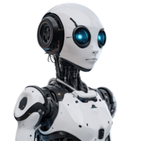 Innovative AI robot design featuring sleek body and glowing blue eyes against a white background, First ai kit on white background png