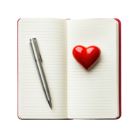 Open notebook with silver pen and red heart symbolizing creativity and affection, Empty notebook opened with silver pen and red heart white background png