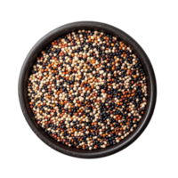 Quinoa seeds displayed in a black plate against a clean Transparent background highlighting their diverse colors, Quinoa seeds in plate isolated on background png