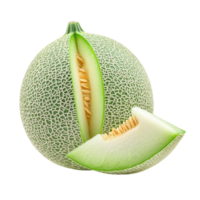 Freshly cut sweet green melon showing texture and juicy flesh with a slice positioned nearby for a vibrant display, Sweet Green melon or cantaloupe half and piece isolated on Transparent background png