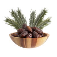 Fresh dates in a wooden bowl with date palm leaves isolated on Transparent background, date palm in wood bowl isolated on background png