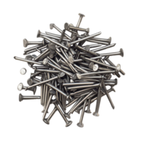 Heap of metal nails scattered on a white background ready for various construction tasks and projects, Heap metal nails on white background png