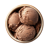 Indulgent chocolate ice cream served in a rustic bowl viewed from above, Chocolate ice cream in a bowl, top view, isolated on white background png