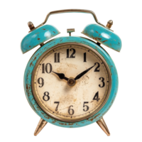 Vintage turquoise alarm clock isolated on Transparent background for waking up at two oclock, Time clock alarm clock isolated wake up vintage old png
