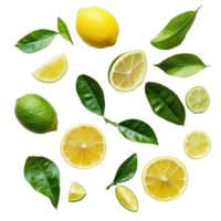 Fresh lemons and limes with vibrant leaves on a clean Transparent background, Lemons and Limes with Leaves isolated on background png