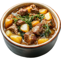 Hearty meat and potato stew simmering in a rustic pot garnished with fresh herbs, pot stew with potatoes and meat in a stew, Transparent background png
