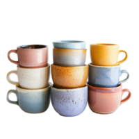 Stacked colorful ceramic cups creating a cheerful display against a simple Transparent background, Colorful ceramic coffee and tea cups png