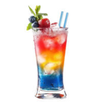 Vibrant glass of colorful beverage garnished with mint and fruits served in a refreshing setting, glass colorful drink with a garnish on the rim, white background png