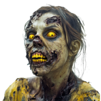 Portrait of a female zombie with yellow teeth and decayed features on a Transparent background, Portrait a Female Zombie with Yellow Teeth on background png