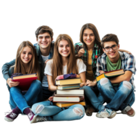 Students enjoying together while studying with books indoors in bright setting, Group students isolated on white png