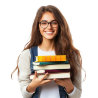 Happy college student smiling with a stack of books while isolated against a plain background, Happy smiling college student with books, isolated png