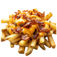 Delicious loaded fries topped with cheddar cheese and crispy bacon on a white plate, fries with cheddar and bacon, white background png