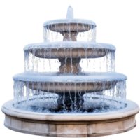 Majestic fountain surrounded by shimmering ice with crystal clear water cascading in winter, large fountain with water and ice on it, Transparent background png