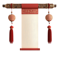 Elegant ancient Chinese scroll banner with decorative tassels set against a white backdrop, Blank Chinese ancient reel banner white background png