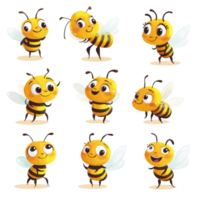Cute and funny cartoon bee characters showcasing diverse expressions and poses, Cartoon Bees, Cute and Funny Bee Characters, isolated on white background Background png