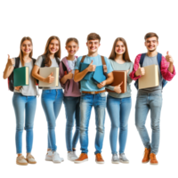 Group of enthusiastic students with books giving thumbs up in a bright setting, Group Students with books gesturing thumbs up isolated on white background png