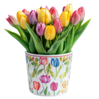 Brightly colored tulips arranged in a decorative pot showcasing springs beauty and charm, Image number 7 with tulips inside and tulips decorated in front, isolated on white background png