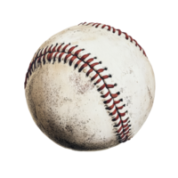 Worn baseball lying on a white surface showcasing detailed stitching and faded texture, Used baseball png