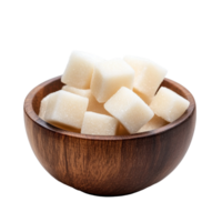 Sugar cubes arranged in a wooden bowl on a clean Transparent background showcasing simplicity and elegance, Sugar cube in wood bowl isolated on background png