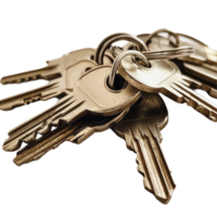 Bunch of keys on a key chain against a white background in a close up view, bunch keys sitting on top a key chain png