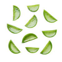 Freshly sliced aloe vera leaves arranged in a visually appealing pattern on a white background, Fresh Aloe vera leaves sliced top view white background png